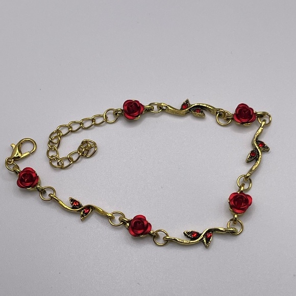 “Tale as Old as Time” Gold and Red Rose Brooch and Bracelet Costume Bundle - Picture 2 of 4